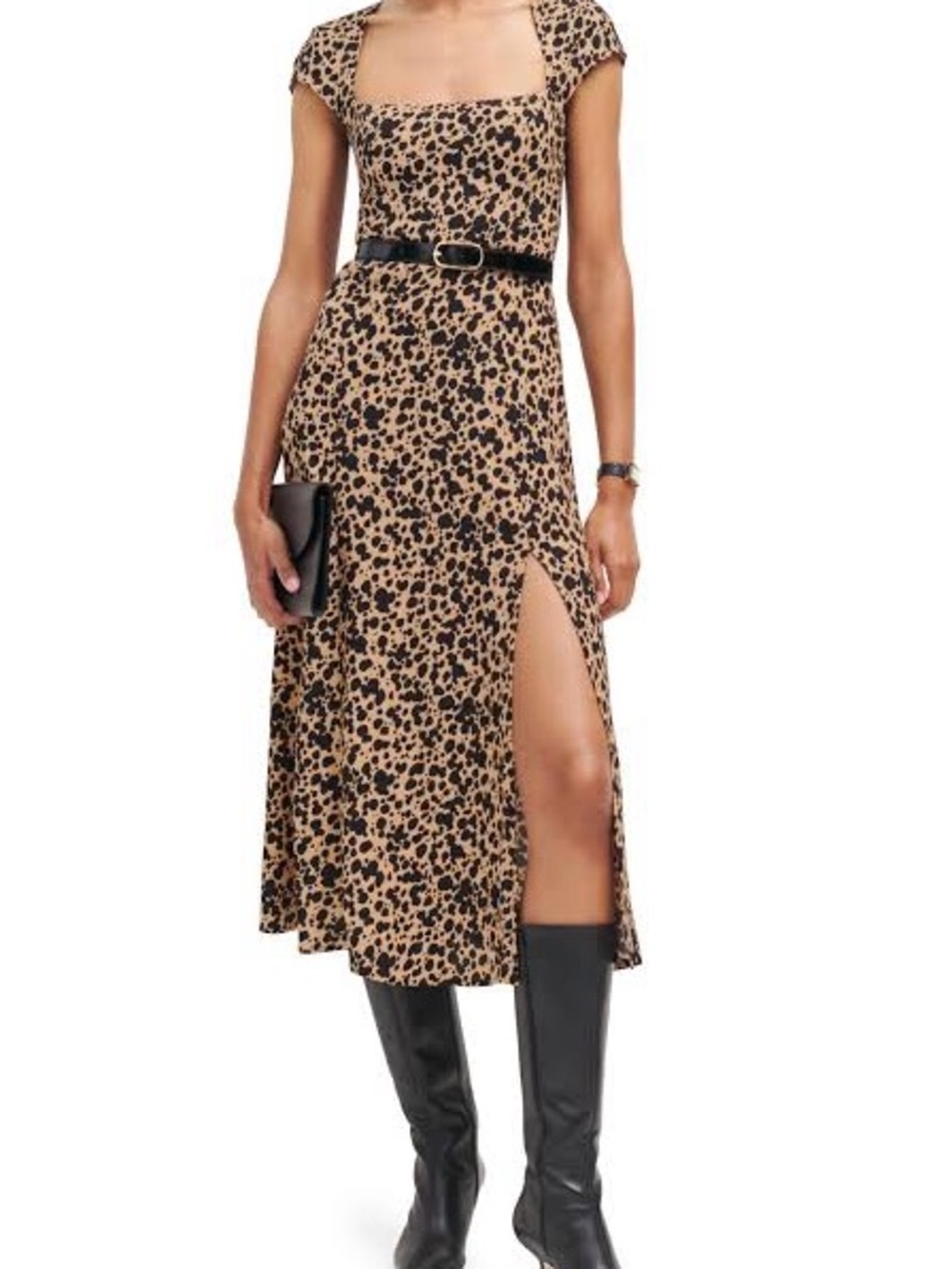 Animal Print Square Neck Midi Dress with Thigh Slit